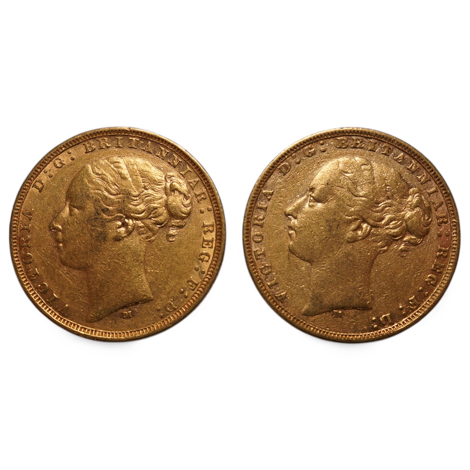 Australia gold coins, Victoria, two gold sovereigns, 1877M, VF and 1879M, VF